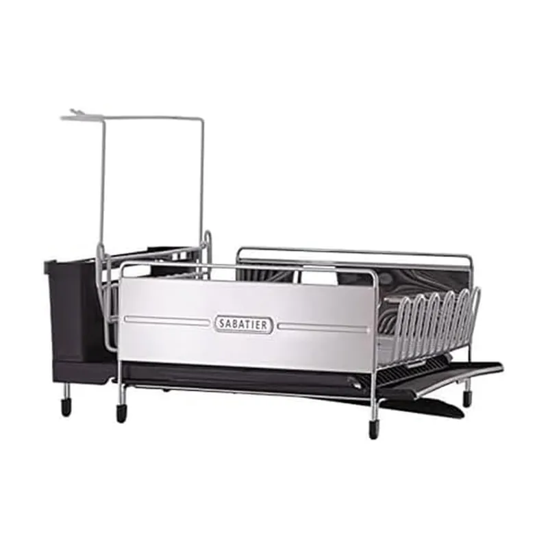 Sabatier Expandable Stainless Steel Dish Rack with Rust-Resistant Soft Coated Wires and Bi-Directional Spout, with Utensil Caddy and Removable Stemware Holder