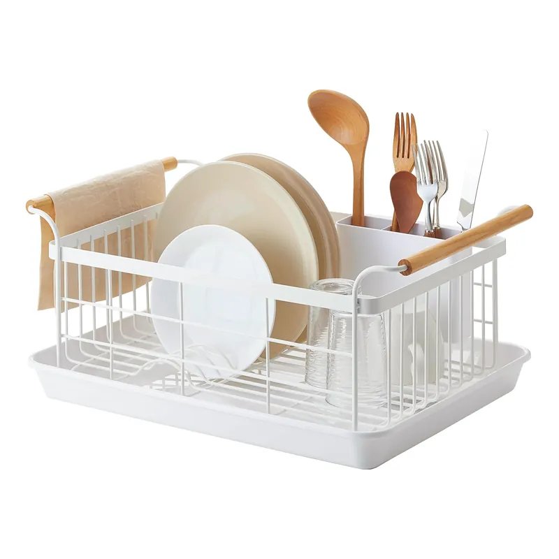 YAMAZAKI Home Dish Drying Rack – Modern White Dish Rack for Kitchen Counter with Removable Drainer Tray and Cutlery Holder, Steel + Wood Dish Drying Organizer, Small Space-Saving Design