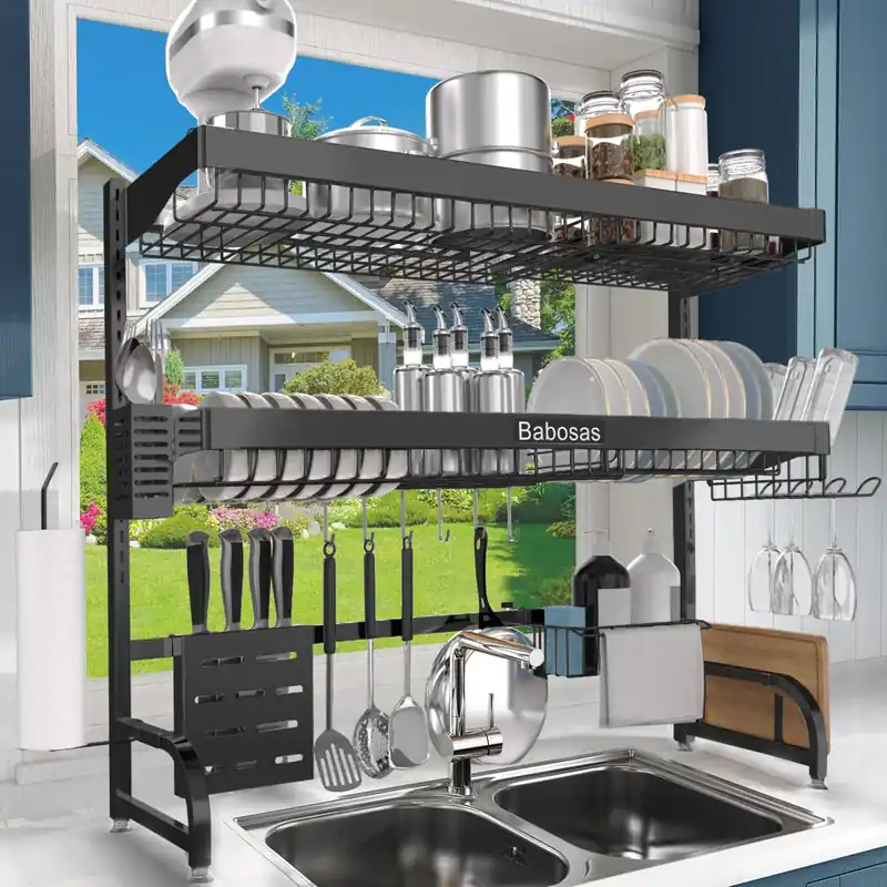 Babosas Over The Sink Dish Drying Rack,3 Tier Adjustable Length (25.5‘‘ to 37.4‘‘) Full Stainless Steel Large Storage Kitchen Dish Rack,for Kitchen Counter,Expandable Multifunctional Organizers,Black