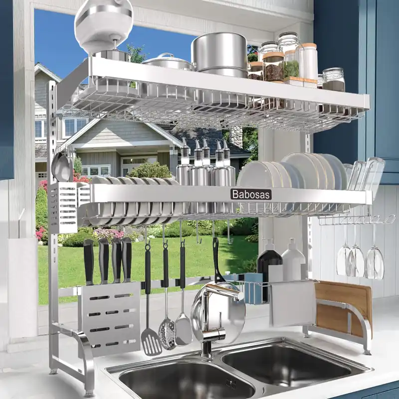 Babosas Over The Sink Dish Drying Rack,3 Tier Adjustable Length (25.5‘‘ to 37.4‘‘) Full Stainless Steel Large Storage Kitchen Dish Rack,For Kitchen Counter Expandable Multifunctional Organizers,Silver