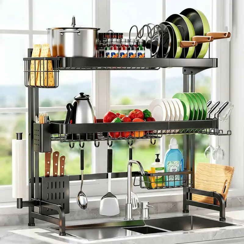 Over The Sink Dish Drying Rack, Adjustable 3 Tier Large Capacity Stainless Steel Drainer with Cutlery/Utensil/Cup Holder Hooks, Kitchen Storage & Organization, 25"-38" L x 11" W x 37.5" H, Black
