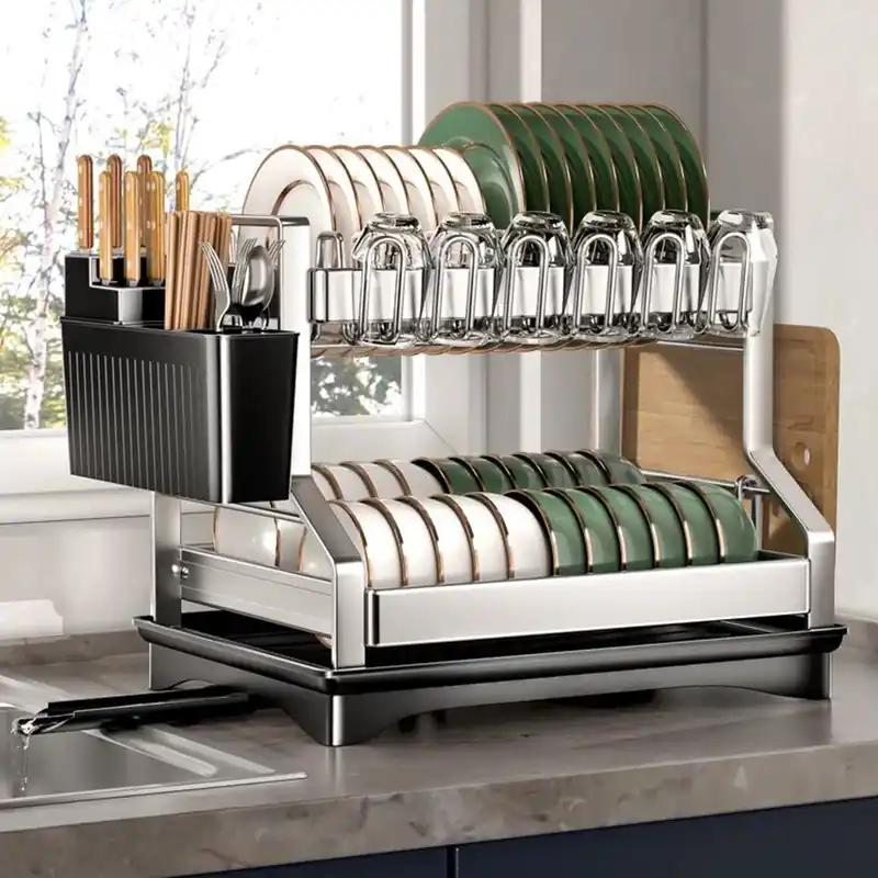 mfanchan 2 Tier Dish Racks for Kitchen Counter and Sink, Large Dish Drying Rack with Drainboard & Utensil Holders, Stainless Steel Dish Drainers, Kitchen Organization and Storage (1)