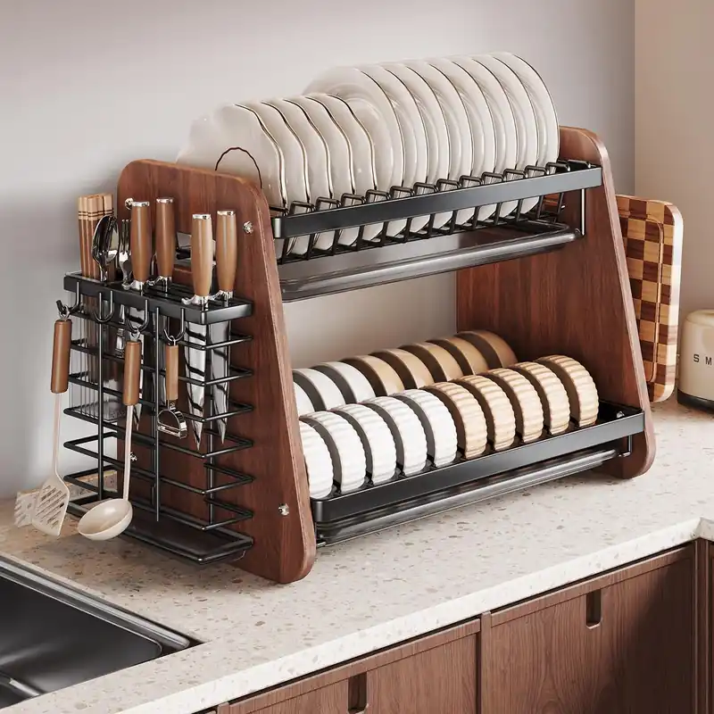 QIUHTR Modern Wooden 2-Tier Dish Drying Rack,Stainless Steel Dish Drainer,Saving Kitchen Space,with Removable Cutlery Holder,with Utensils Flatware Holder Set