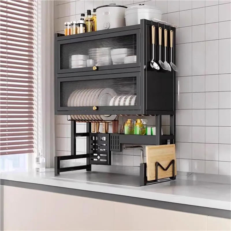 GHuBafy 2-Tier Over The Sink Dish Drying Rack with Cover, Kitchen Storage Organizer Dish Rack Above, Sink Rack for Countertop Space Saving, Multifunctional Plate and Bowl Organizer(65cm/25.6in)