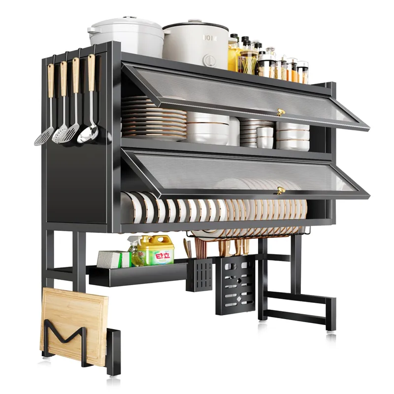 MANNY HOME 4-Tier Dish Drying Rack with Cover – Above Sink Kitchen Storage Rack, Large Space-Saving Shelf for Dishes, Glasses, Bowls & Cutlery, Black (W-40‘‘)