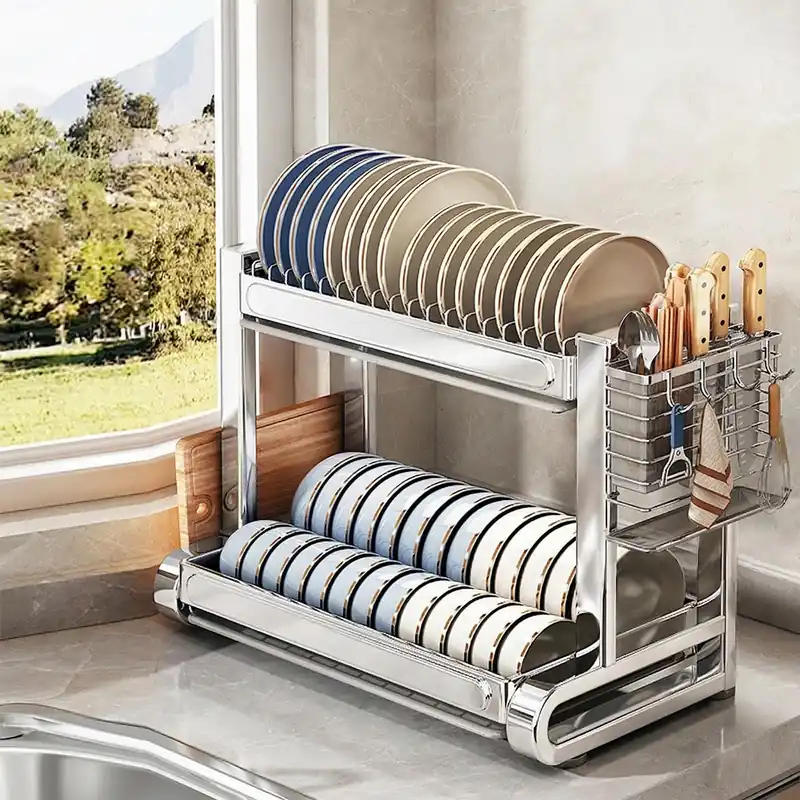 QIUHTR Stainless Steel 2-Tier Dish Drying Rack with Utensil Holder and Drainboard,Small Dish Rack for Kitchen Counter,for Plates, Bowls, and Pots(21.9 * 13")