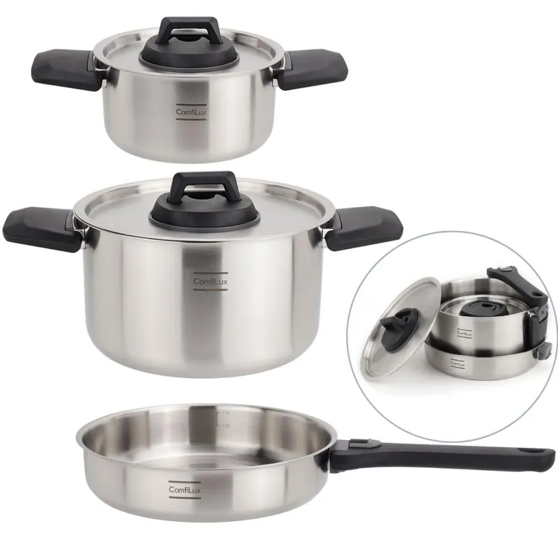 Stainless Steel Camping Kitchen Cookware Set - Frying Pan With Detachable Handle - Nesting Pots for Backpacking, Camp, and RV Cooking - 6 Piece Mess Kit - 1.5L Frypan, 1.5L Small Pot & 3.5L Medium Pot