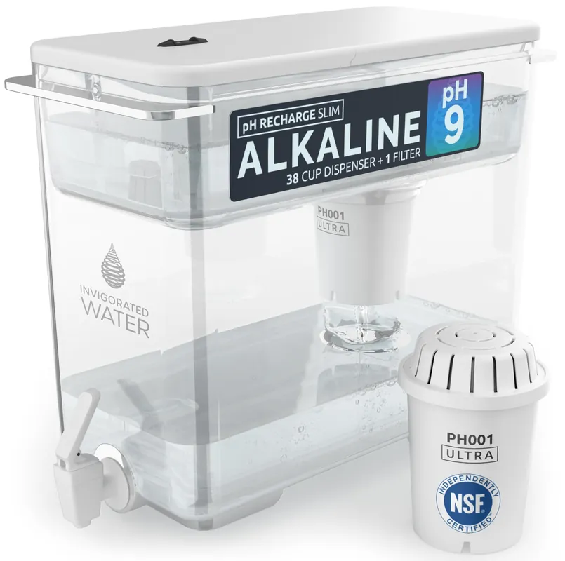 Invigorated Water - Alkaline Countertop Water Filter Dispenser, Large 38-Cup Capacity, Mineralized Alkaline Water, BPA-Free, 96 Gallons/Filter (White, 1 NSF Filters Included)