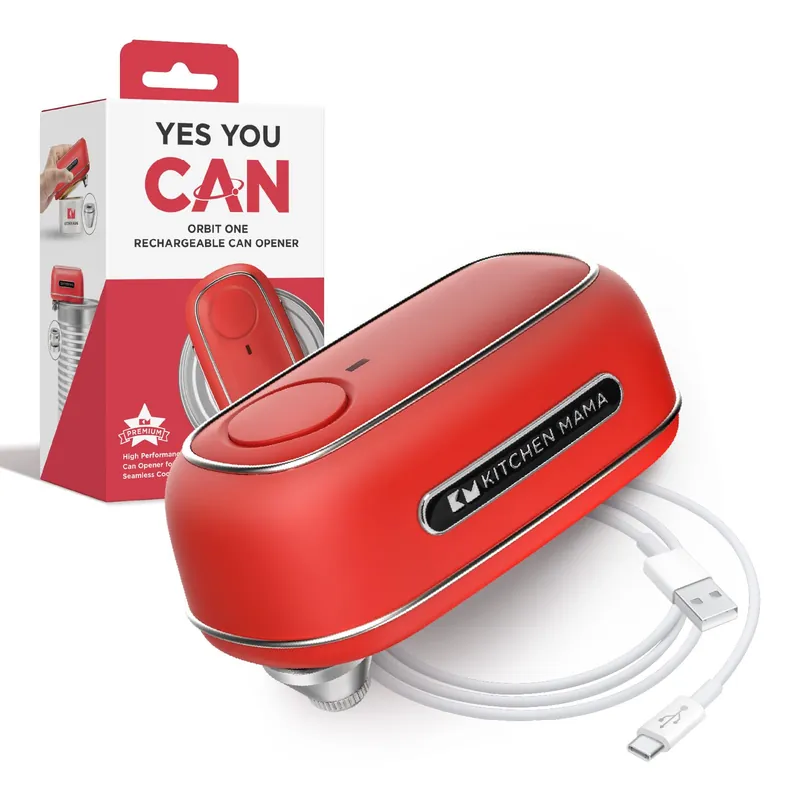 Kitchen Mama Orbit One Rechargeable Electric Can Opener Hands-free, USB-C Charging, Automatic Stop, Smooth Edge, Safety, Blade for Large Cans, Heavy Duty, Soda Can and Pop Can, with Storage Box (Red)