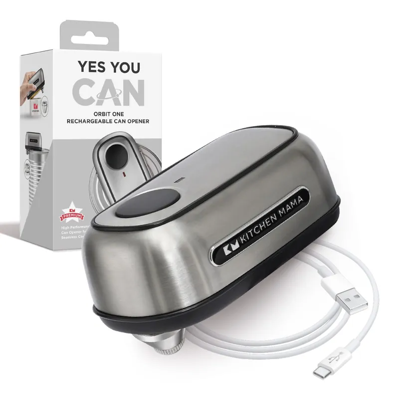 Kitchen Mama Orbit One Stainless Steel Rechargeable Electric Can Opener Hands-free, USB-C Charging, Automatic Stop, Smooth Edge, Safety, Blade for Large Cans, Heavy Duty, Soda Can and Pop Can