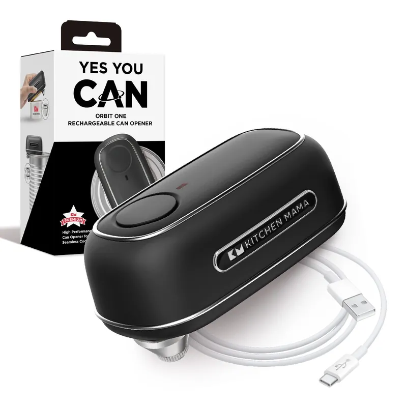Kitchen Mama Orbit One Rechargeable Electric Can Opener Hands-free, USB-C Charging, Automatic Stop, Smooth Edge, Safety, Blade for Large Cans, Heavy Duty, Soda and Pop Can, with Storage Box (Black)