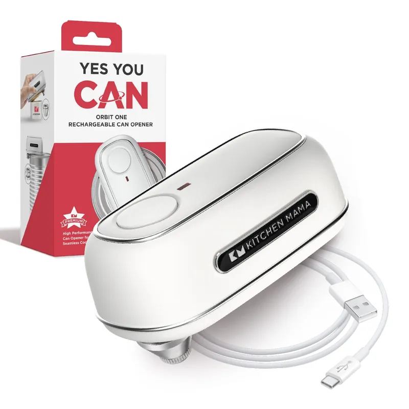 Kitchen Mama Orbit One Rechargeable Electric Can Opener Hands-free, USB-C Charging, Automatic Stop, Smooth Edge, Safety, Blade for Large Cans, Heavy Duty, Soda and Pop Can, with Storage Box (White)