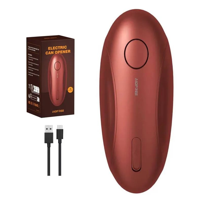 AidFree Automatic Electric Can Opener for Seniors for Kitchen Anyone can Hands Free,One Touch Opener,Durable Blades,Rechargeable, Smooth Edge, Lightweight Small Size, Red