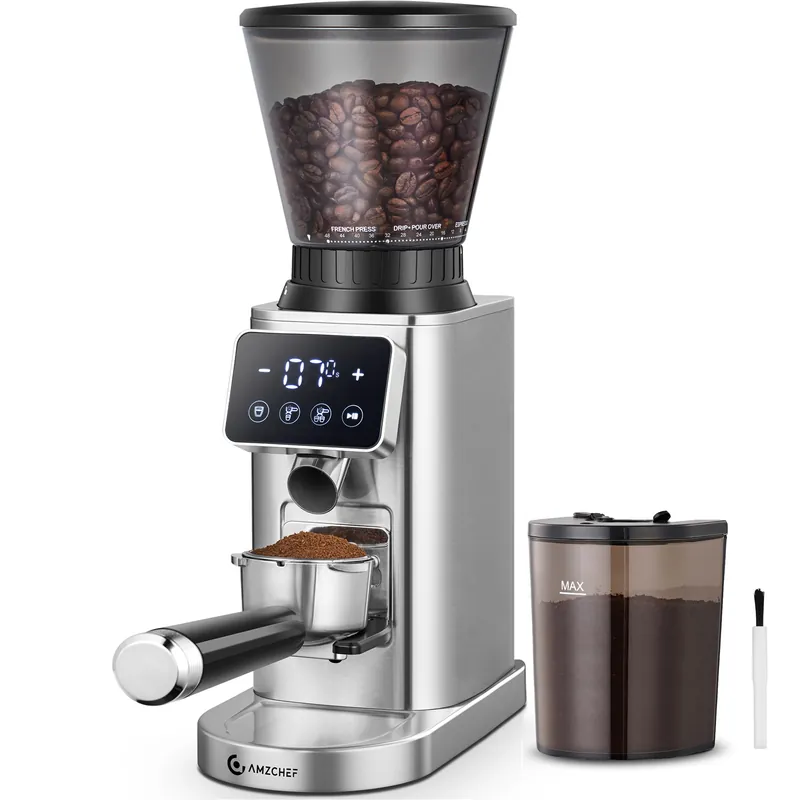 AMZCHEF Coffee Grinder, Coffee Bean Grinder for Home Use with Precise Grinding, LED Control Panel, Detachable Funnel Stand, Anti-static Design, 48 Grind Settings, Silver