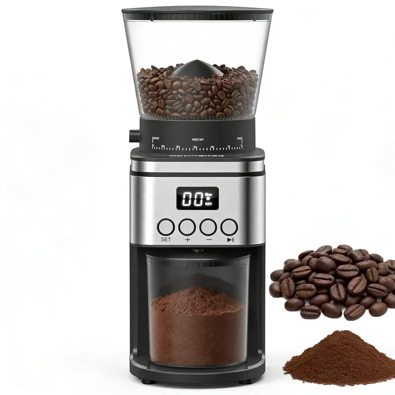 Conical Burr Coffee Grinder Electric,Stainless Steel Coffee Grinder for Home, Adjustable Burr Grinder with 30 Grind Settings, Digital Timer & 2-12 Cup Control, Removable Sealed Hopper, silver
