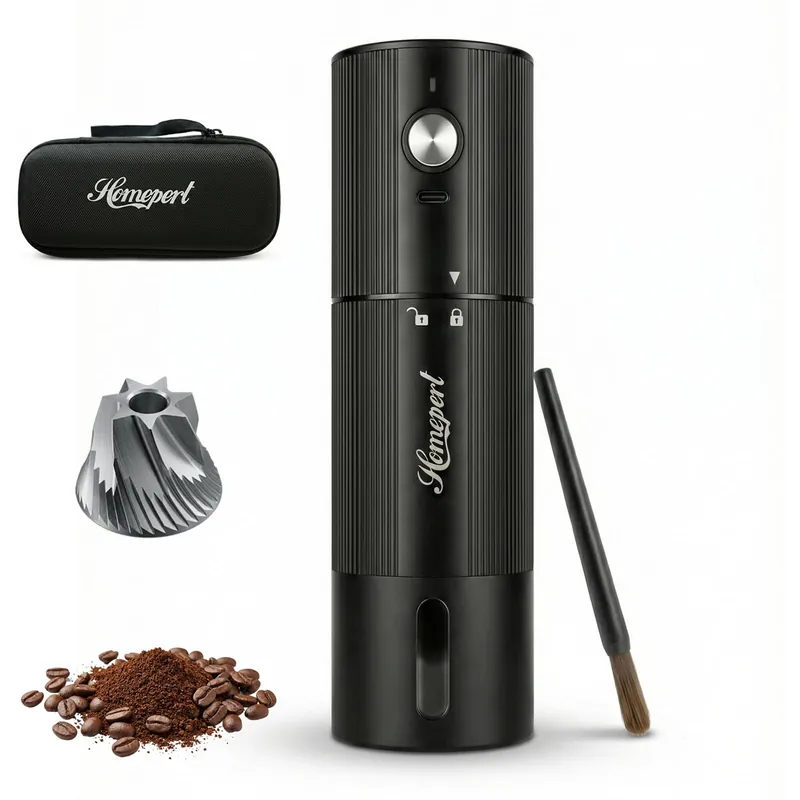High-Speed Portable Electric Coffee Grinder with 1600mAh Rechargeable Battery, 7-Core Stainless Steel Burr Coffee Mill, 45 Precision Settings, Cordless Design & Compact Aluminum Body for Travel