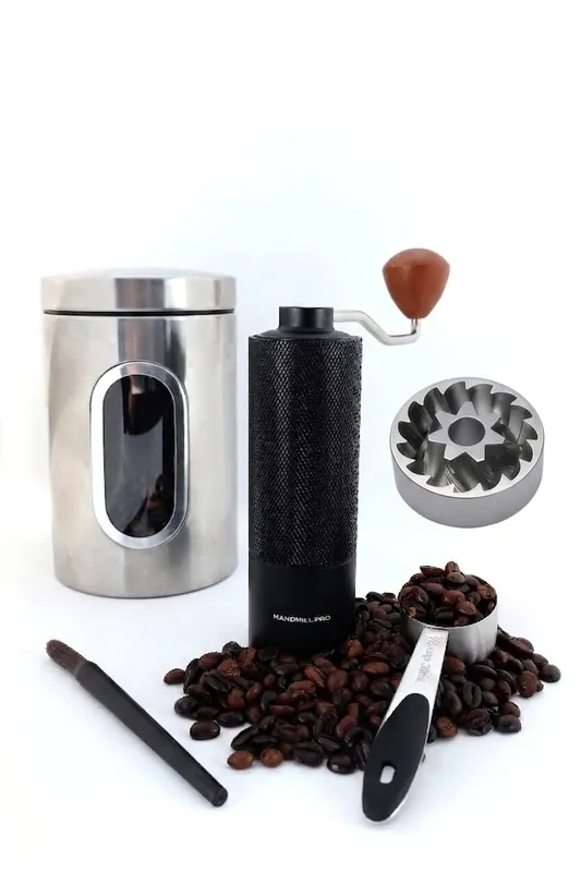 HANDMILL PRO Manual Coffee Grinder - Adjustable Setting for French Press/Espresso Adjustable Setting for French Press/Espresso - (Storing tin + cleaning brush + measuring scoop)