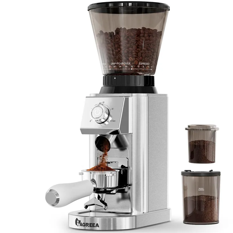 IAGREEA Conical Burr Coffee Grinder, 48 Grind Settings, 450RPM Low-Speed Anti-Static, Precision Timer, Portafilter Holder for Espresso, Drip, French Press, Cold Brew, Stainless Steel
