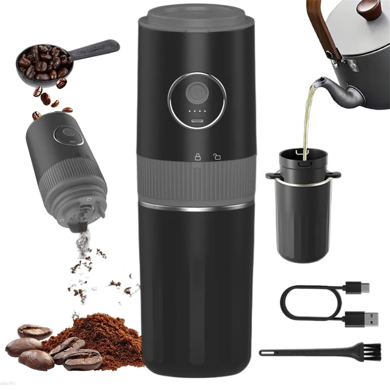 Portable Electric Coffee Grinder and Brewing Kit, Rechargeable, Conical Burr Mini Coffee Grinder with Filter, 32g Capacity & Coffee Cup for Camping, Travel, Office, Espresso, Pour Over, etc (Black)