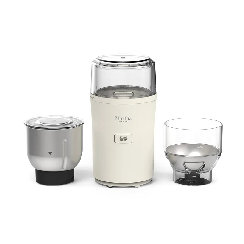 Martha Stewart Electric Coffee & Spice Grinder, Dual 2.5oz Removable Bowls, Storage Lids, Stainless Steel Blades, One Touch Pulse Control, 2-in-1 Compact, Beans & Spices, Herbs & Nuts, Linen White