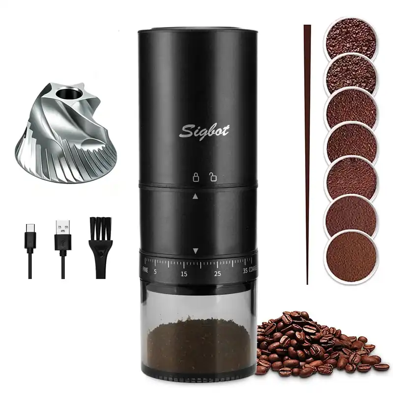 Portable Electric Coffee Grinder - 38 Grind Settings, Conical Burr & Black Stainless Steel Body, Rechargeable Mill for Espresso, Moka Pot, Ideal for Camping and Travel