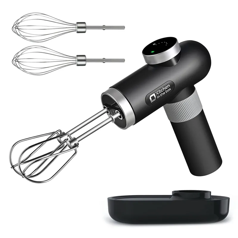 Kitchen in the box Cordless Rechargeable Hand Mixer for Kitchen, Portable Handheld Electric Mixer with Beaters, Whisks, 6-Speed Digital Display, Charging Base and USB-C Charge Cable (Classic Black)