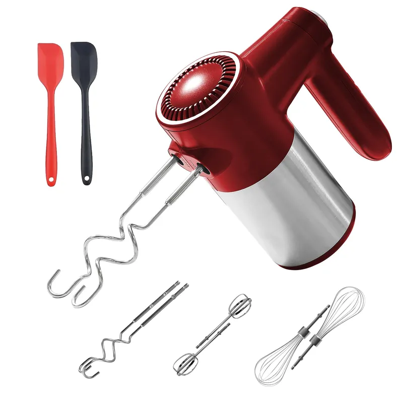 DOAROCA 7-Speed Cordless Hand Mixer for Baking - Electric Handheld Mixer with 6 Stainless Steel Attachments, Turbo Boost, Digital Display, Lightweight Cake Mixer for Eggs, Cream, Cookie Dough (Red)