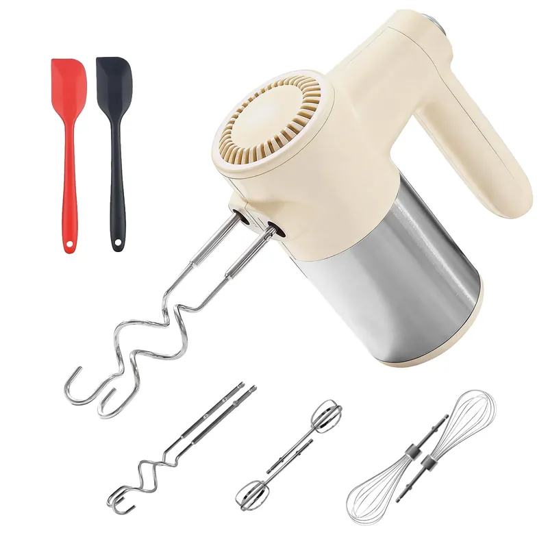 7-Speed Cordless Hand Mixer for Baking - Electric Handheld Mixer with 6 Stainless Steel Attachments, Turbo Boost, Digital Display, Lightweight Cake Mixer for Eggs, Cream, Cookie Dough (Yellow)