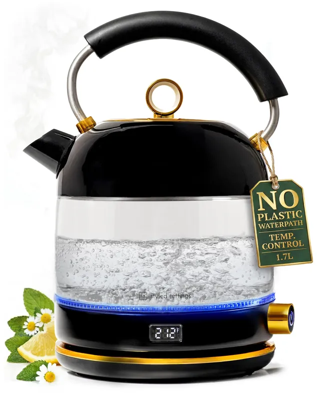 Glass Electric Kettle No Plastic, Stainless Steel, Auto Shut Off and Keep Warm Function - Black and Gold Tea Kettle with Temperature Control – 1500W Fast Hot Water Boiler for Coffee and Tea
