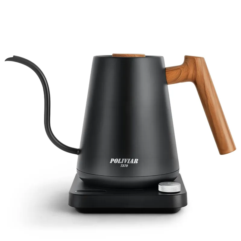 POLIVIAR Electric Gooseneck Kettle, 1350W Electric Tea Kettle Wood Pattern Handle, 34oz Pour Over Electric Kettle for Coffee & Tea, 18/8 Stainless Steel Inner, Temperature Control & Rapid Heating