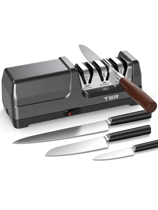 Electric Knife Sharpener, 3-Stage Diamond Knife Sharpener for Kitchen Knives 20-Degree Angle, 40S Quick Sharpening & Polishing for Chef, Santoku, Ceramic Knives, Easy to Use for Beginners, Black