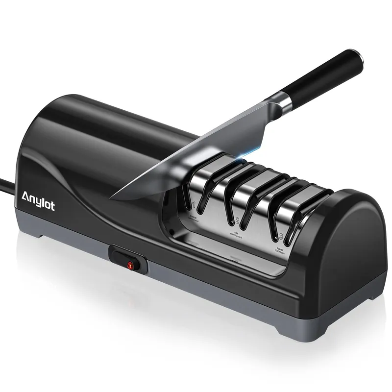 Electric Knife Sharpener for Kitchen, 3-Stage Knife Sharpener Electric with 100% Diamond Abrasives, 20° Precision Angle Guide, Fast & Safe Sharpening for Chef Knives, Home Use & Beginners (Black)