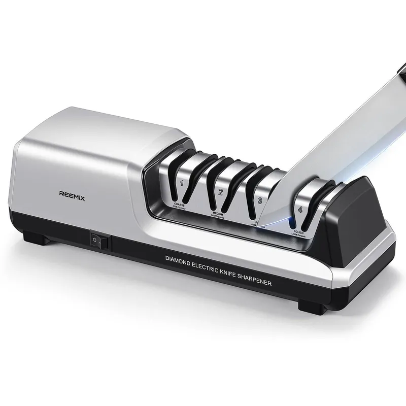 Reemix Electric Knife Sharpener with 4-Stage Sharpening (Repair, Coarse, Medium, Fine & Polish), 20° Fixed Angle, Non-Slip Base & Metal Shavings Collector for Kitchen Knives (Sliver)