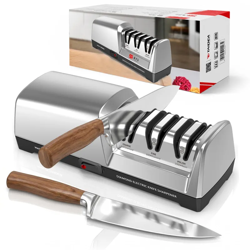 Electric Knife Sharpener for Kitchen - 3-Stage with 100% Diamond Abrasives & 15° Precision Angle Guide - Fast Repair & Polish, Profesional with Magnetic Dust Box