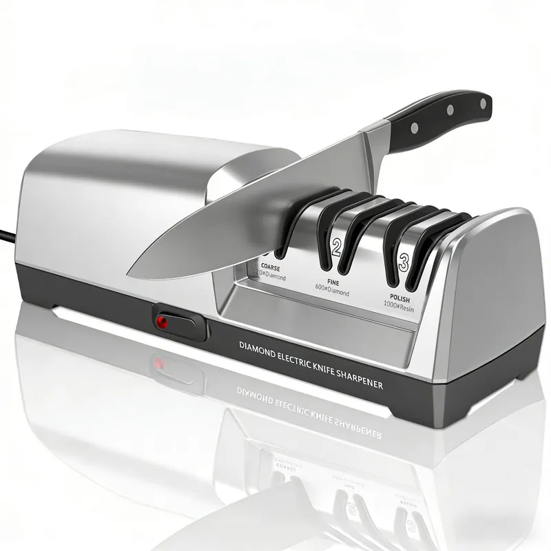 Electric Knife Sharpener 3 Stage, With 100% Diamond Abrasives and 15° Precision Angle Guides, Knife Sharpener Electric for all Kitchen Knives, Super Quiet Sharpenning and Polishing, Silver