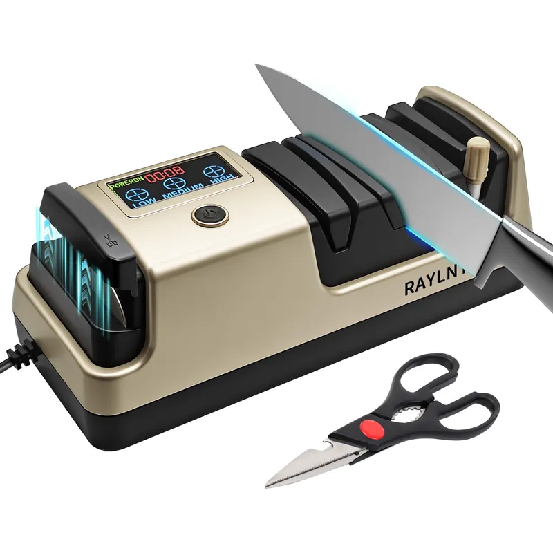 Professional 5-in-1 Electric Knife Sharpener with LCD Display,Scissor Sharpener with 3-Speed & 100% Diamond Abrasives - Precision Angle Guides for Straight, Serrated, Cleaver & Kitchen Scissors