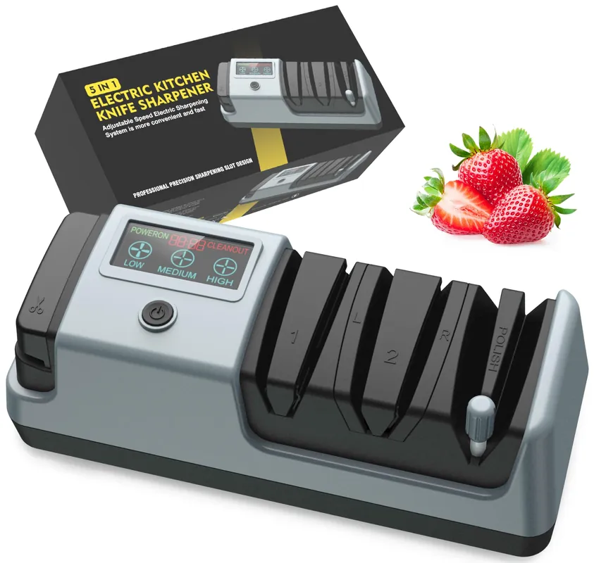 YOORLEAY 5 in 1 Electric Knife Sharpener-3 Rotational Speed Adjustable Electric Knife Sharpeners, Suitable for Straight Blade Knives, Serrated Knives, Meat Cleaver Knives, Ceramic Knives&Scissors