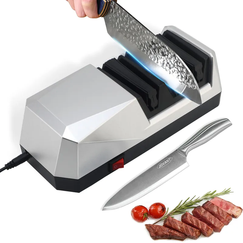 JOVANT Electric Knife Sharpener with 3-step Sharpening System and Diamond Abrasives, Suitable for Most Metal and Ceramic Knives. The Knife Sharpener comes with the Angle Guide Function (ETJ004COMB)