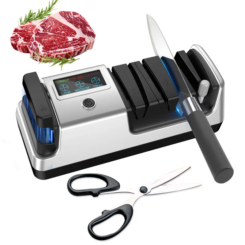Upgrade 5-in-1 Electric Knife Sharpener, Professional 3-Stage with LCD Screen, 100% Diamond Abrasives, 3 Rotational Speed Adjustable, knife sharpener for Straight, Serrated, Meat Cleaver, Scissors