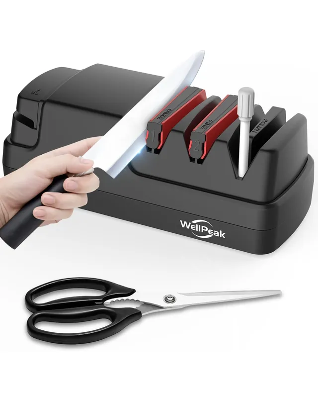 WELLPEAK 4-Stage Professional Electric Knife & Scissor Sharpener for Home Commercial Chef, Diamond Abrasive for Straight Edge Chef Knives, Detachable Ceramic Hone Rod for Serrated Knives Polishing