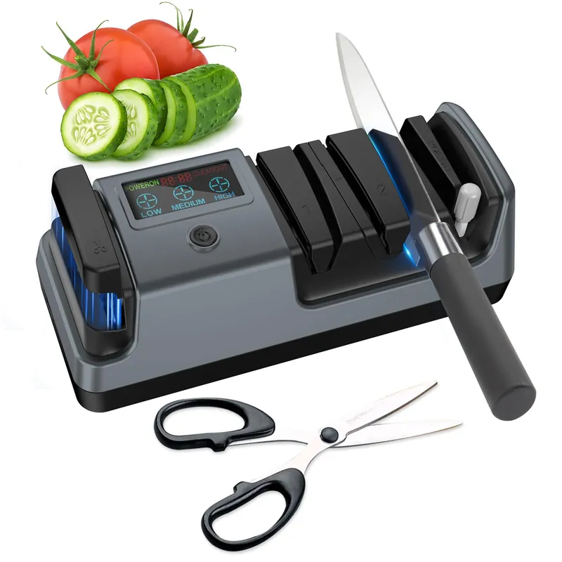 5-in-1 Electric Knife Sharpener for Kitchen Knives, 3-Stage Sharpener with 100% Diamond Abrasive, LCD Screen, Speed Adjustable, Knife Sharpener for All Kitchen Knives Quick Sharpening, Scissors