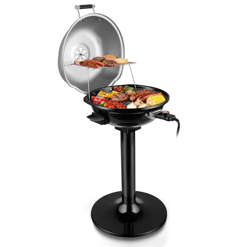 Electric Grill, Techwood Indoor/Outdoor Electric BBQ Grill, 1600W Portable Removable Stand Grill with Adjustable Heat & Drip Tray, Double Layer Design for Party, Patio & Backyard, Dust Cover(Silver)