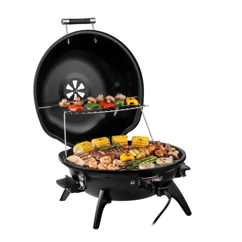 Electric Grill, Techwood Indoor/Outdoor Electric Barbecue Grill, 1600W Portable Removable Tabletop Grill with Adjustable Heat, Double Layer Design for Party, Patio & Backyard (Black)