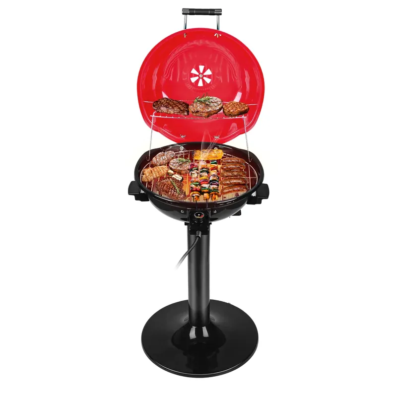 Electric Grill Outdoor BBQ, Techwood 15-Serving Indoor/Outdoor Electric Grill for Indoor & Outdoor Use, Double Layer Design, Portable Removable Stand Grill, 1600W (Stand Red BBQ Grills)