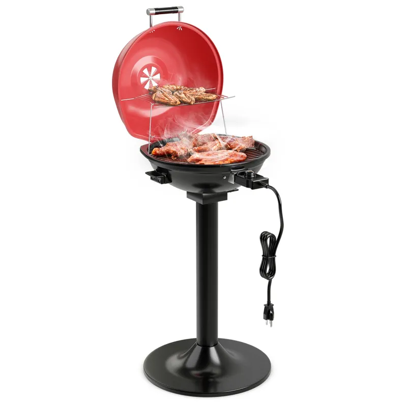 Giantex Electric BBQ Grill 1600W, Removable Non-Stick Grill Rack, Warming Rack, Oil Drip Tray, Adjustable Temperature, Portable Outdoor Electric Grill for Camping Picnic Tailgating, Red & Black