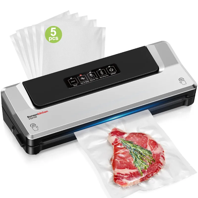 Bonsenkitchen Vacuum Sealer Machine Compact Food Sealer for Kitchen Storage & Meal Prep Multiple Modes External Vacuum System 5 Bags, Silver