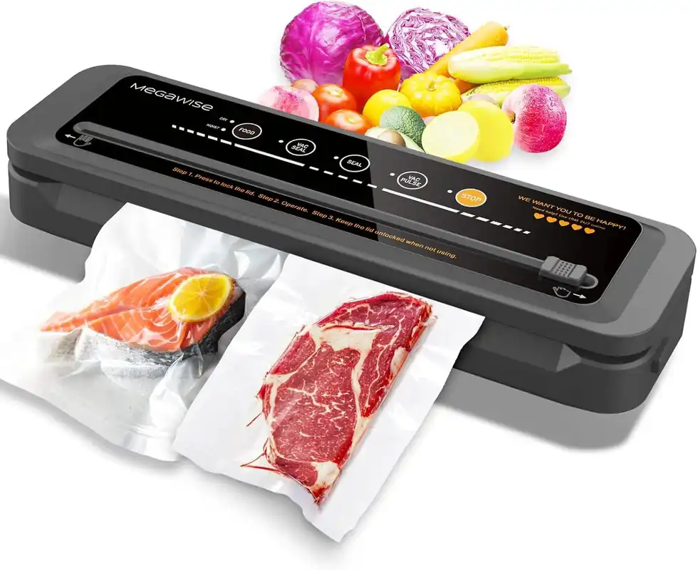 MegaWise Vacuum Sealer Machine 80kPa Suction Power Bags and Cutter Included Compact One-Touch Automatic Food Sealer with External Vacuum System Dry Moist Fresh Modes for All Saving needs