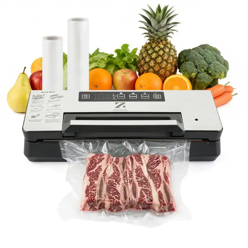 Zachvo Dual Pump Vacuum Sealer for Food Storage & Sous Vide, Handle Lock, Double Heat Seal 5mm Wide, Built-in Cutter & Bag Roll Storage, External Vacuum Port, Dry/Moist Modes, Starter Kit Included