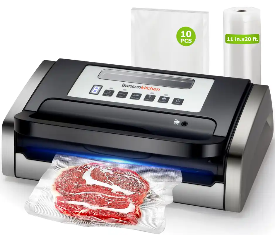 Bonsenkitchen Vacuum Sealer Machine, Globefish Technology for Perfect Vacuum Sealing, Powerful Low-Noise Food Vacuum Sealer with Easy Handle Design, Built-in Cutter & Bag Storage, 1 Bag Roll & 10 Bags