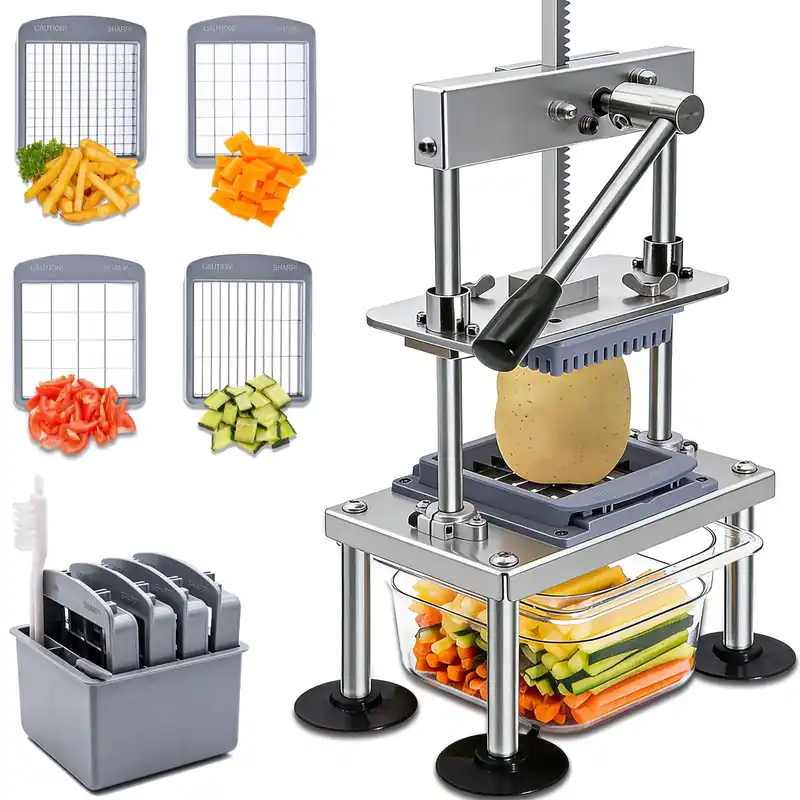 French Fry Cutter Goldtree Commercial Vegetable Chopper Professional Stainless Steel Potato Cutter Food Onion Dicer With 4 Replacement Blades for Tomatoes Fruit Carrots Cucumbers